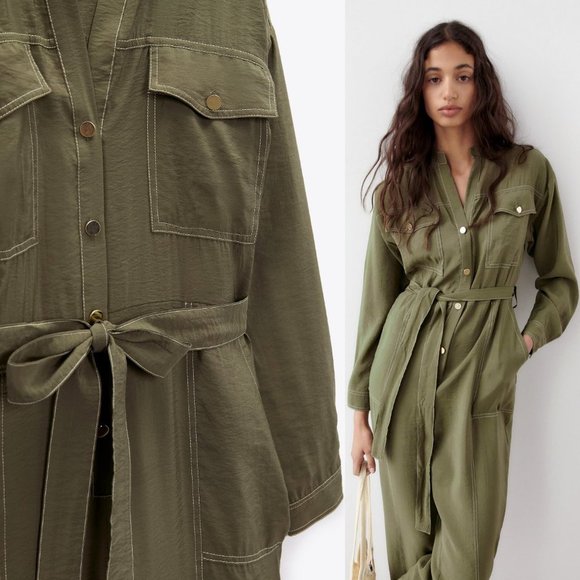 NEW Zara Olive Green Modal Long Sleeves Contrasting Topstitch Belted Jumpsuit S - Picture 9 of 9